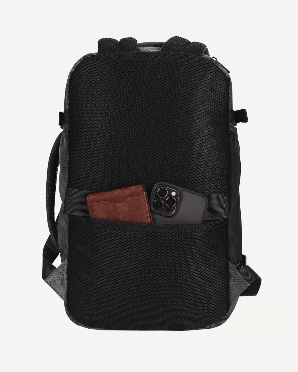 Dark gray carry-on travel backpack side profile
