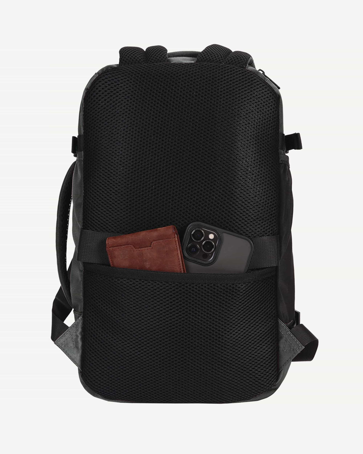 Dark gray carry-on travel backpack side profile