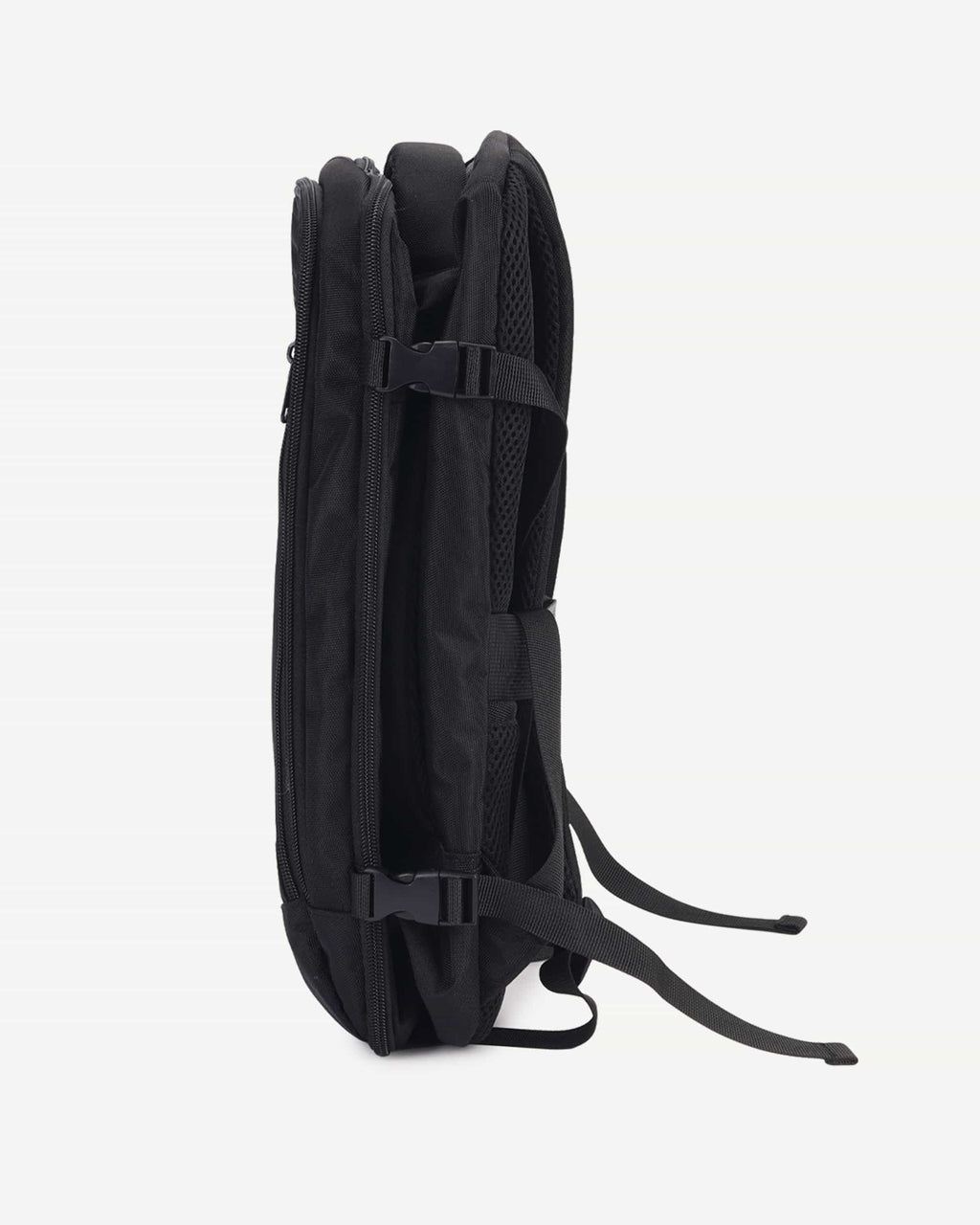 Black carry-on travel backpack back panel view