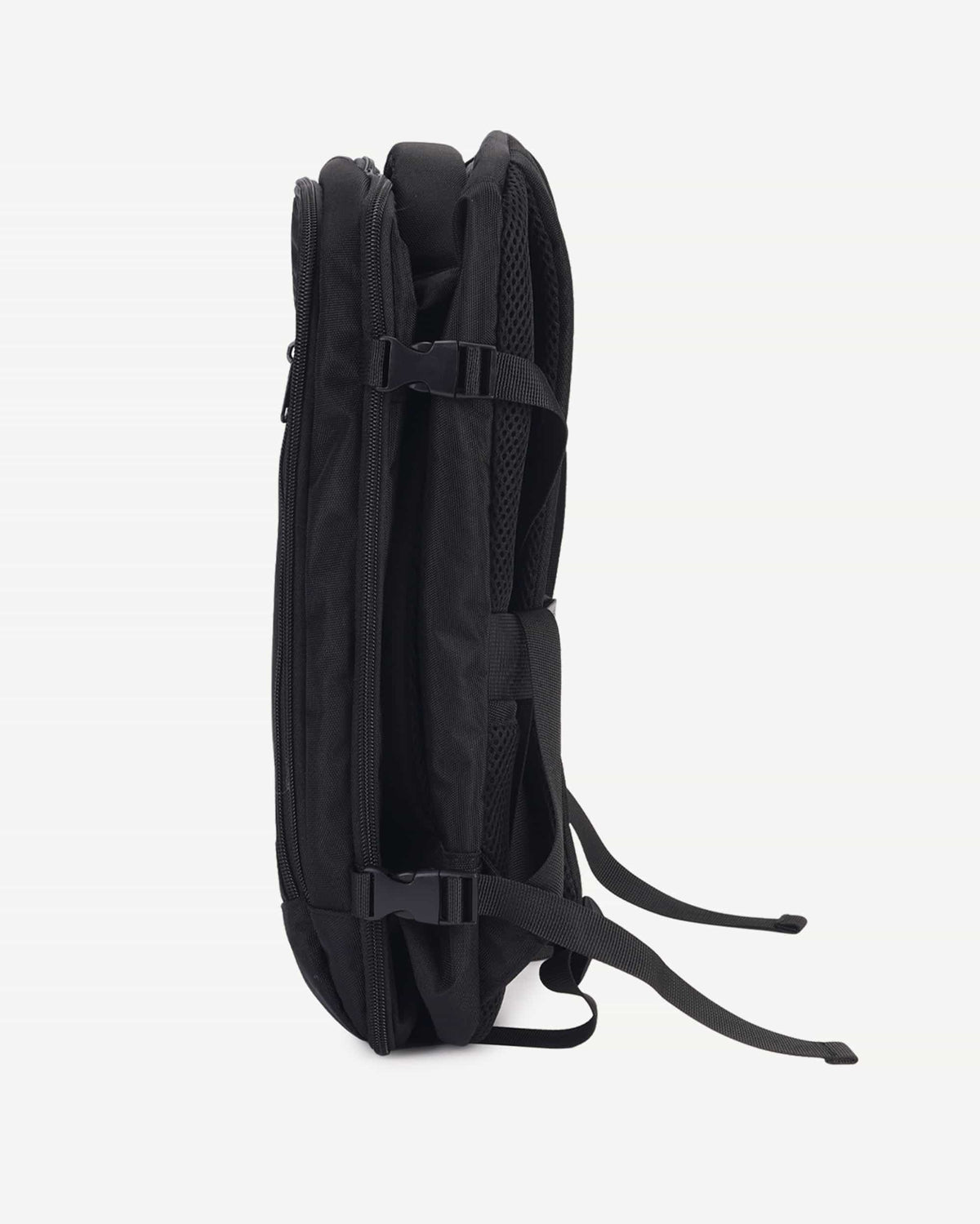 Black carry-on travel backpack back panel view