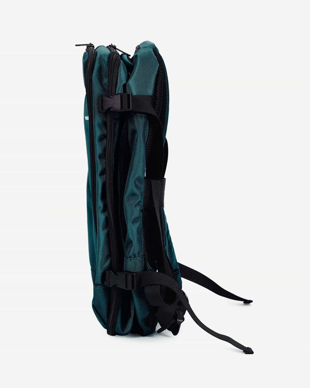 Blue green carry-on travel backpack side profile