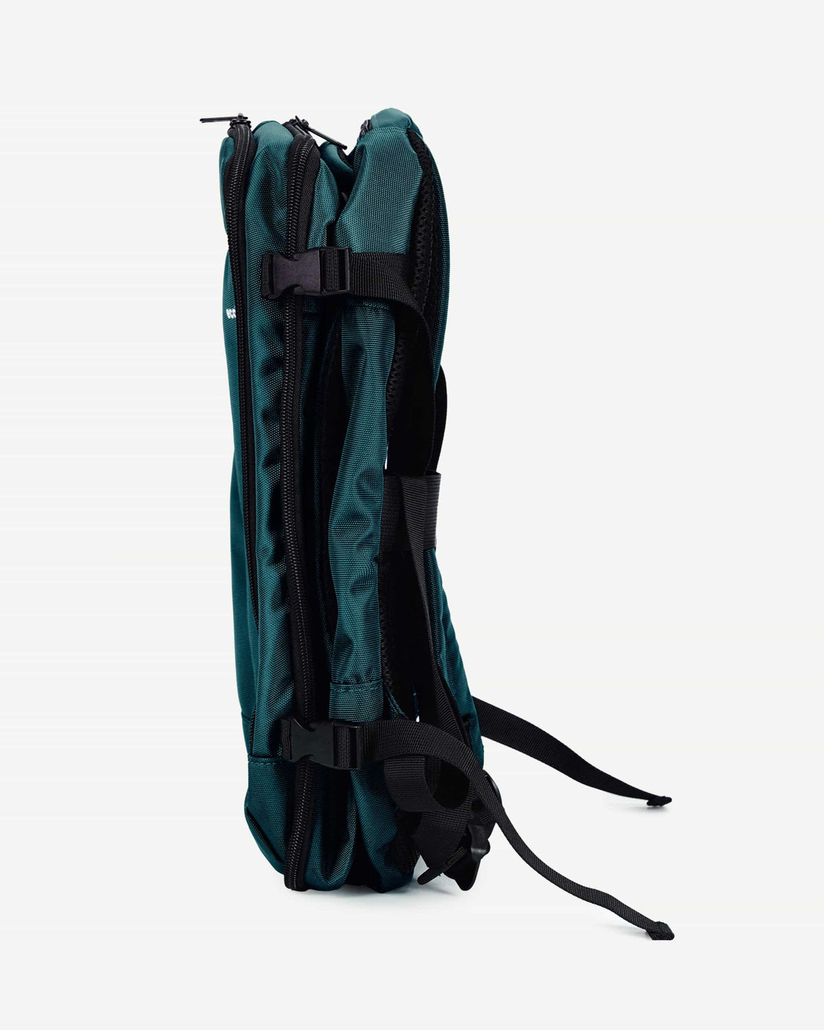Blue green carry-on travel backpack side profile
