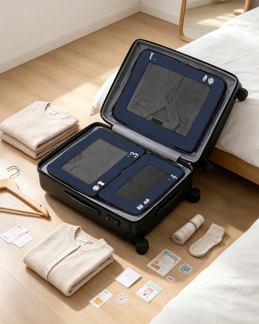 Dark Blue travel packing cubes with zipper and handle details