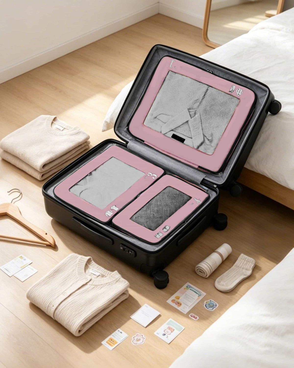 Pink travel packing cubes with zipper and handle details