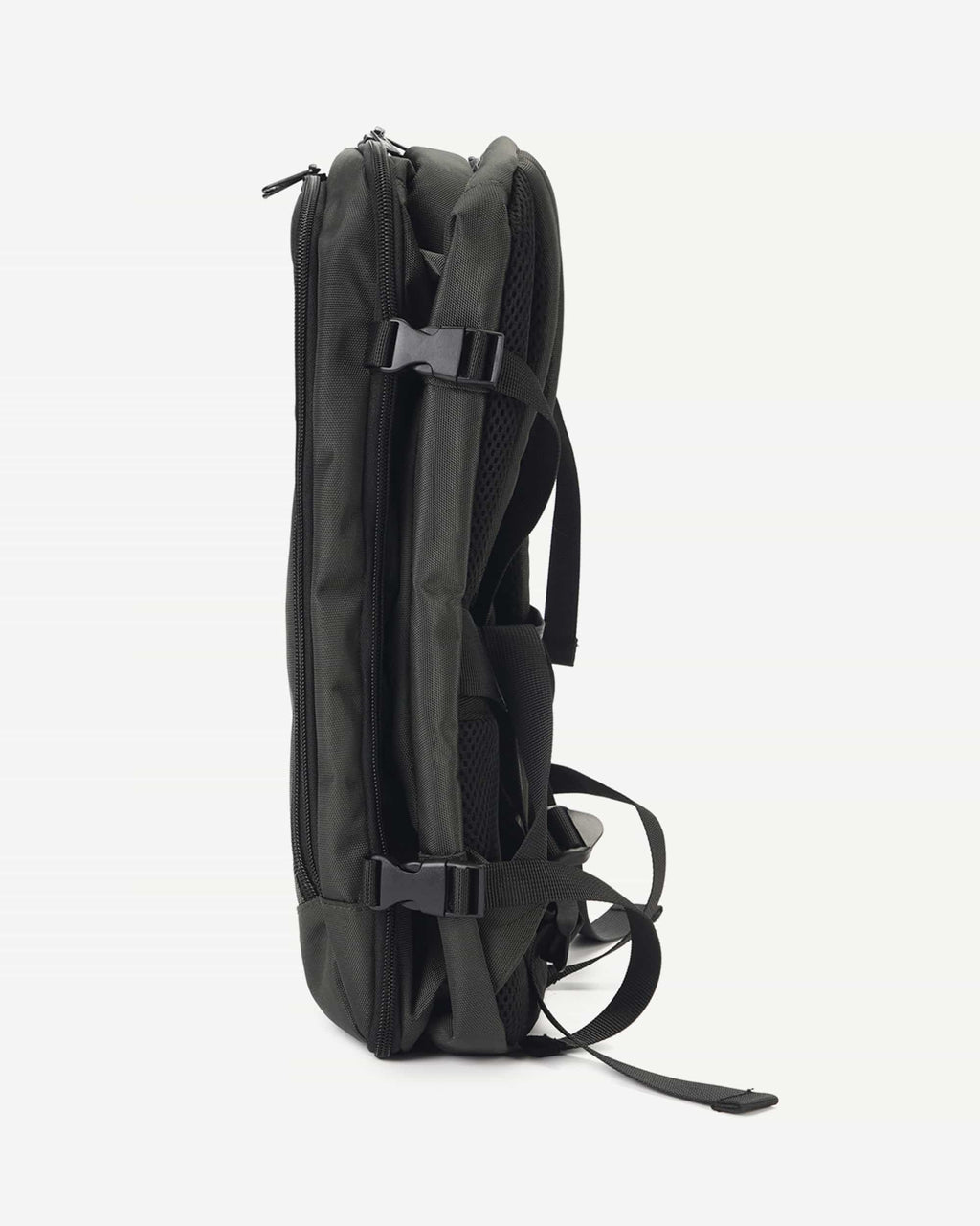 Dark gray carry-on travel backpack zipper detail