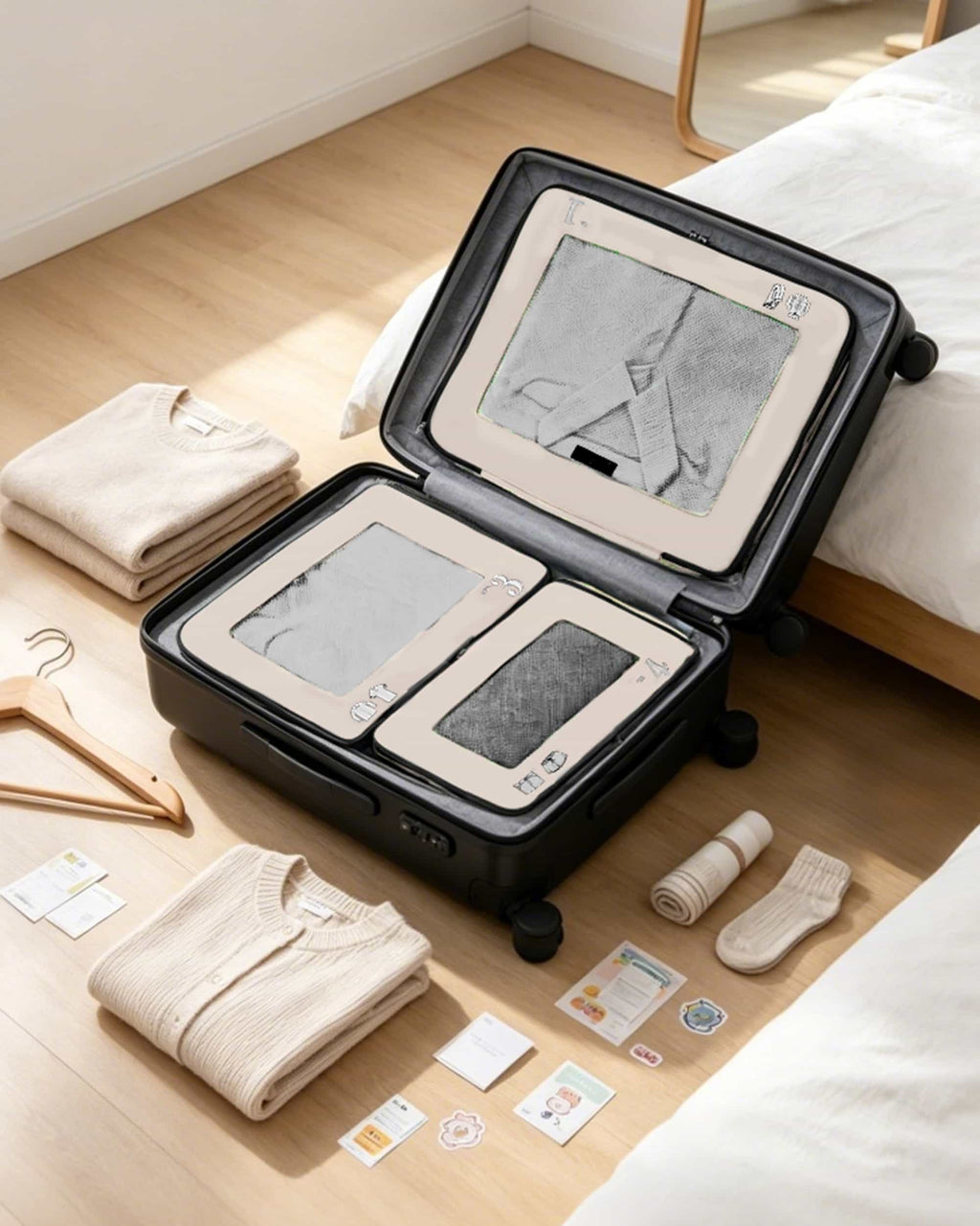 Beige travel packing cubes with zipper and handle details