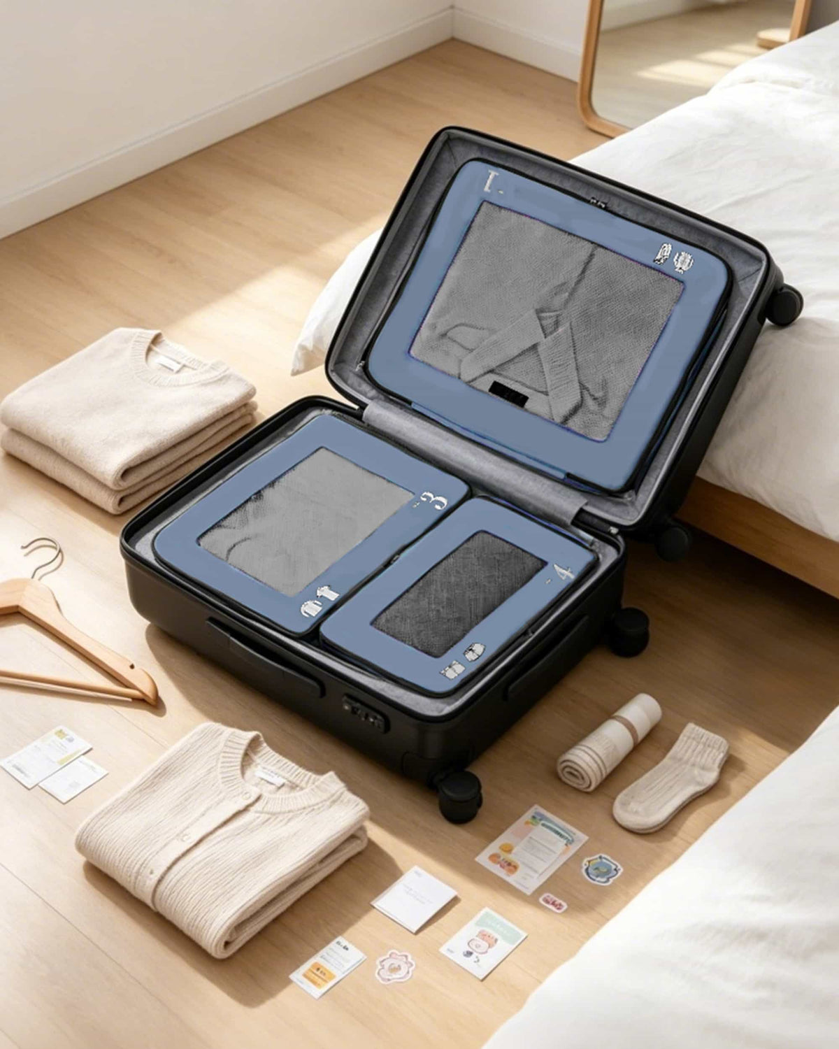 Blue travel packing cubes with zipper and handle details