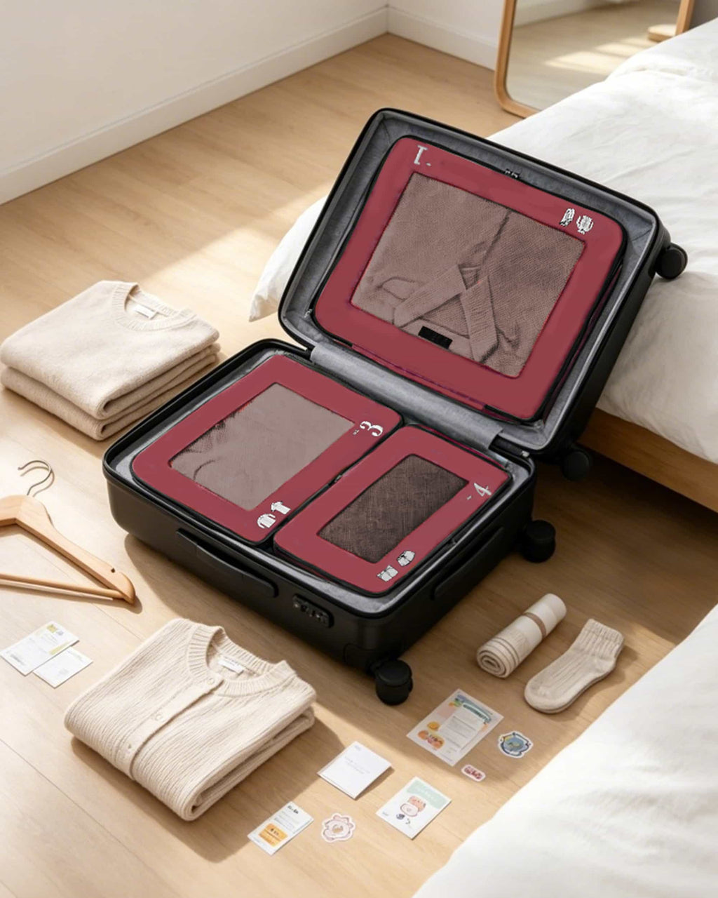Red travel packing cubes with zipper and handle details