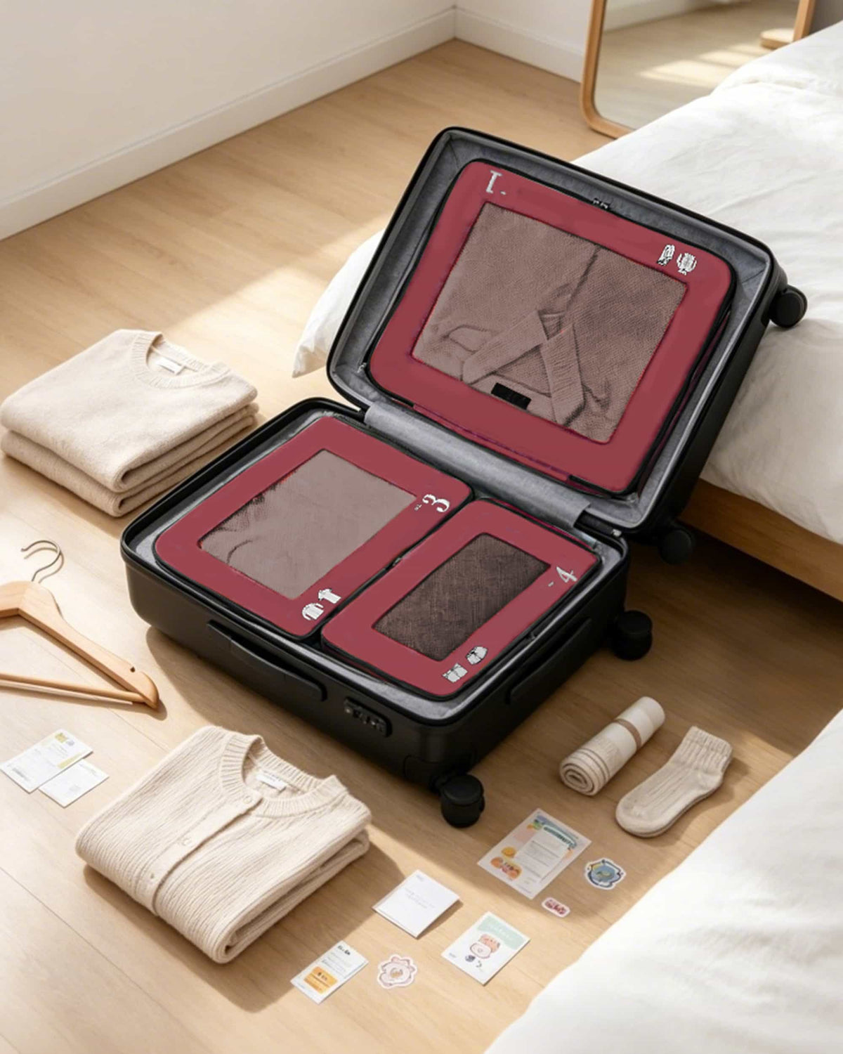 Red travel packing cubes with zipper and handle details