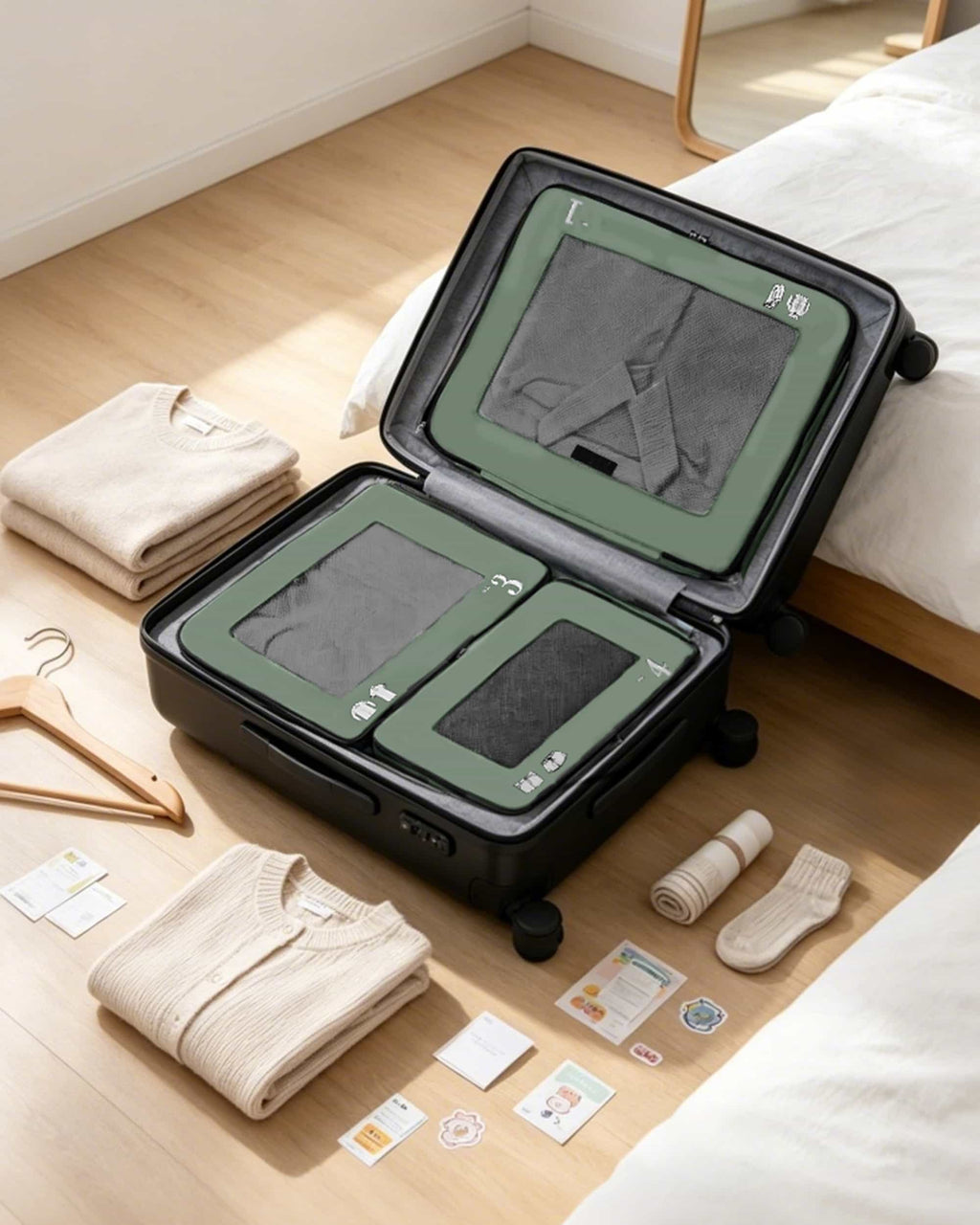Sage Green travel packing cubes with zipper and handle details