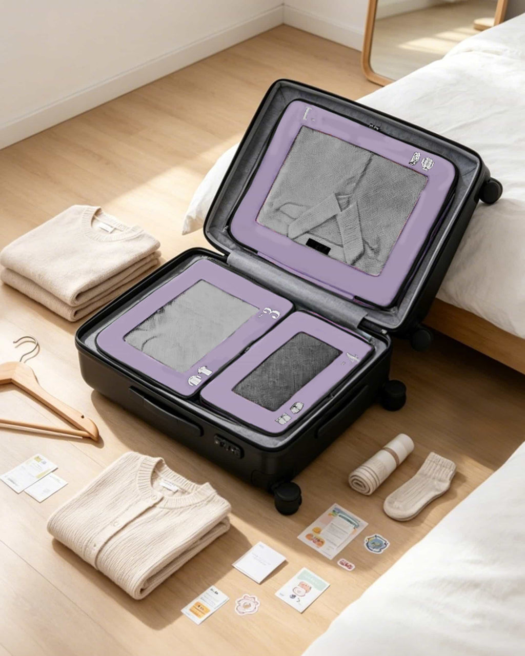 Purple travel packing cubes with zipper and handle details