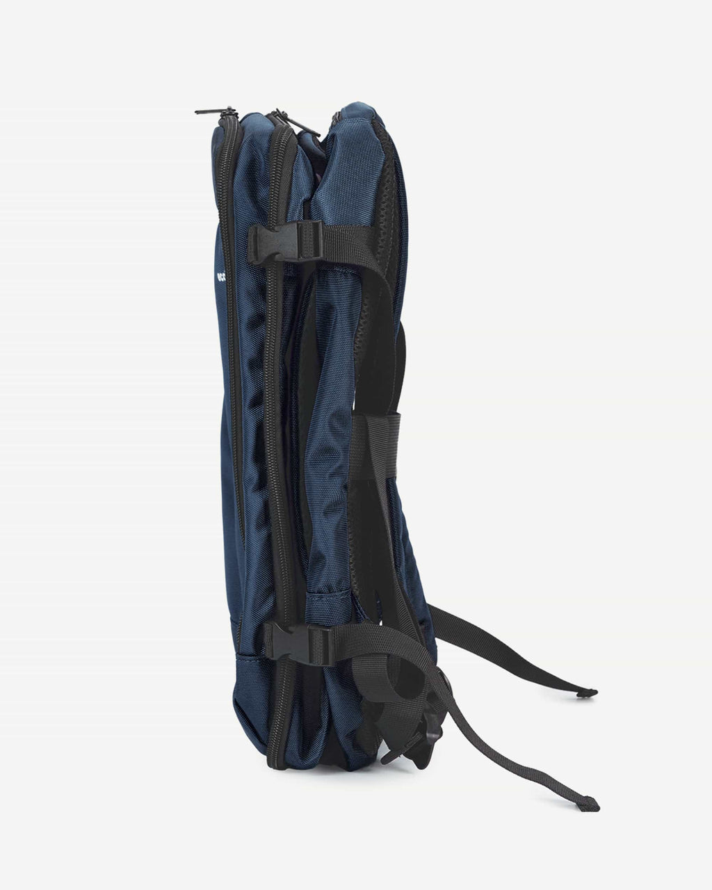 Dark blue carry-on travel backpack zipper detail