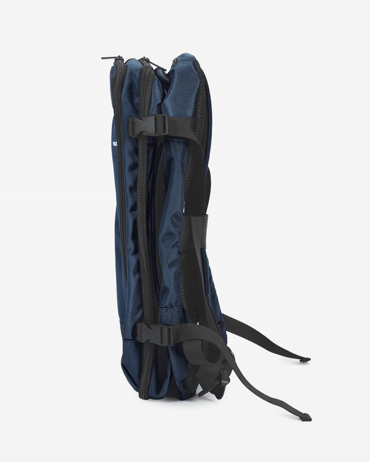 Dark blue carry-on travel backpack zipper detail