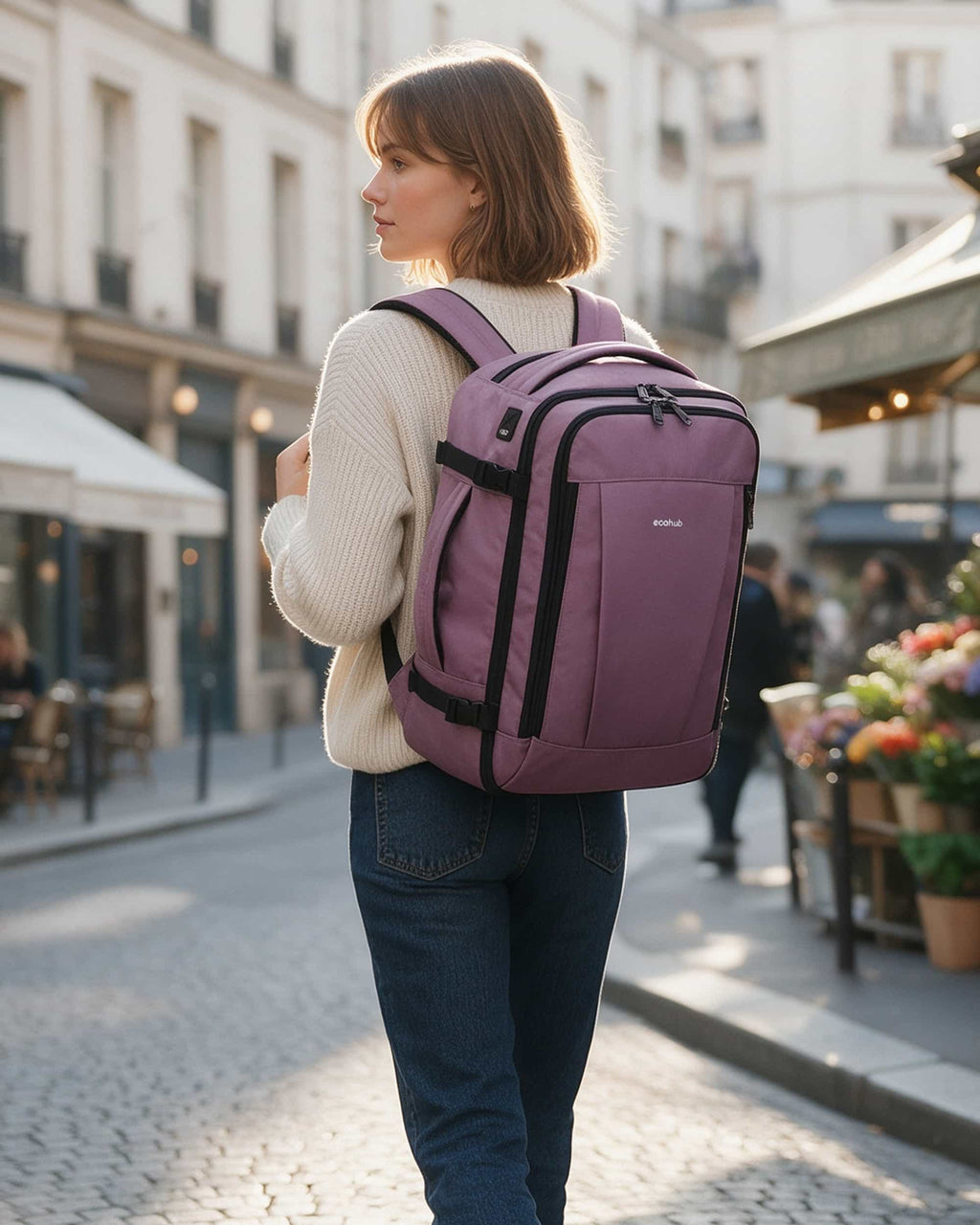 Traveler wearing a pink carry-on travel backpack
