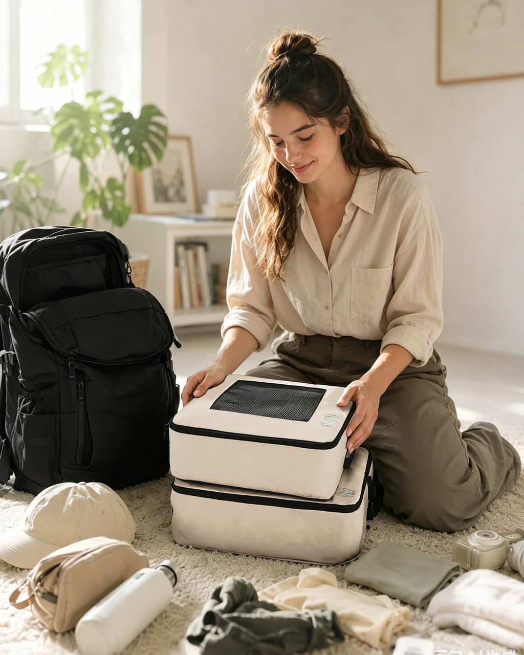 Beige seven-piece packing cube set for organized travel