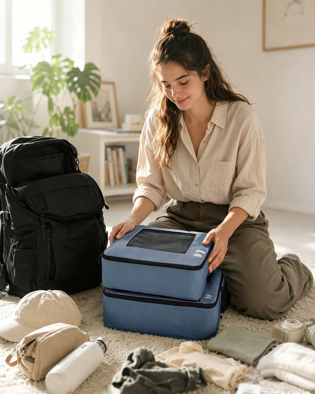 Blue seven-piece packing cube set for organized travel