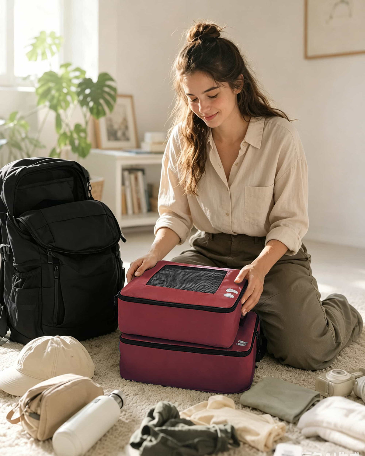 Red seven-piece packing cube set for organized travel