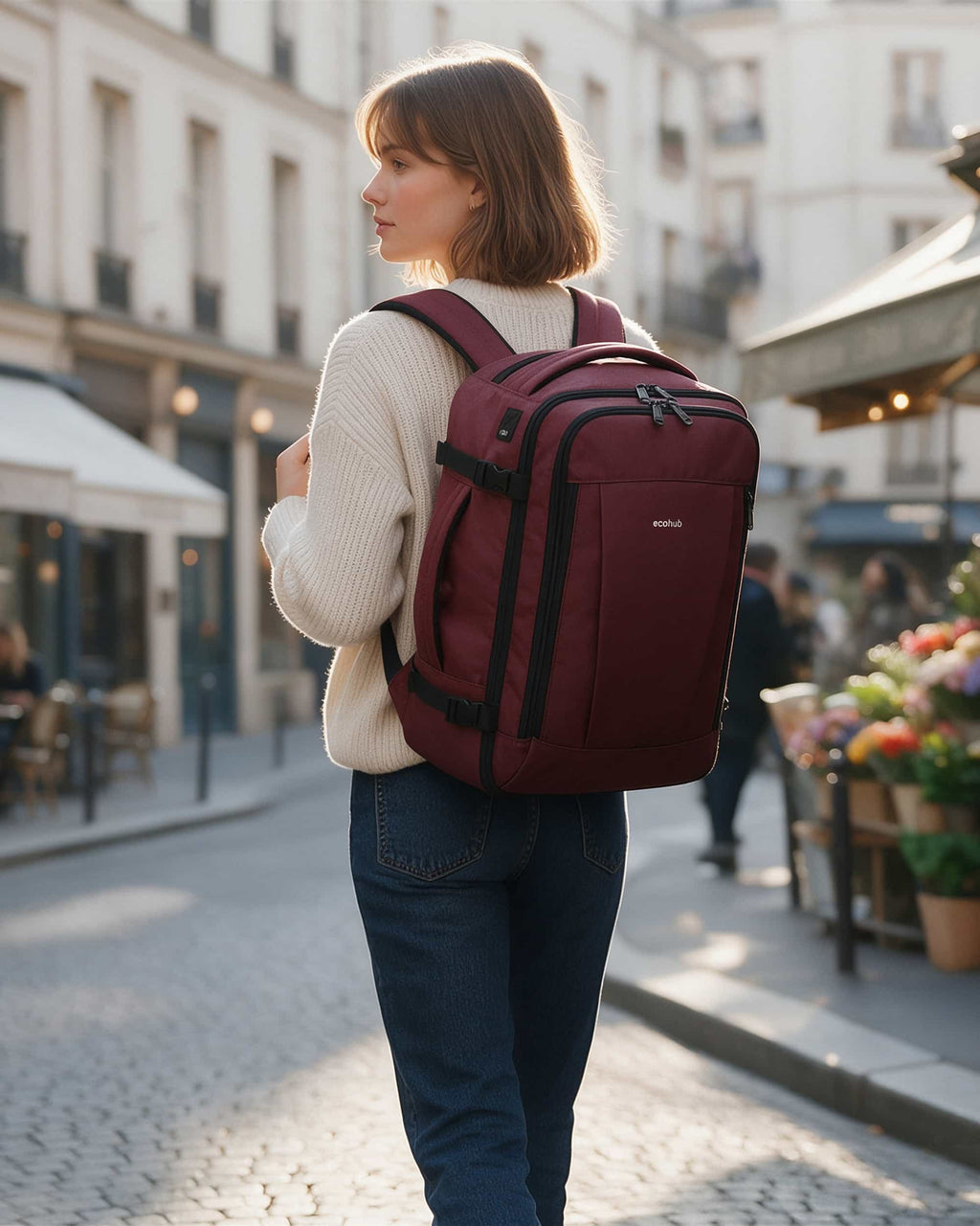 Traveler wearing a red carry-on travel backpack